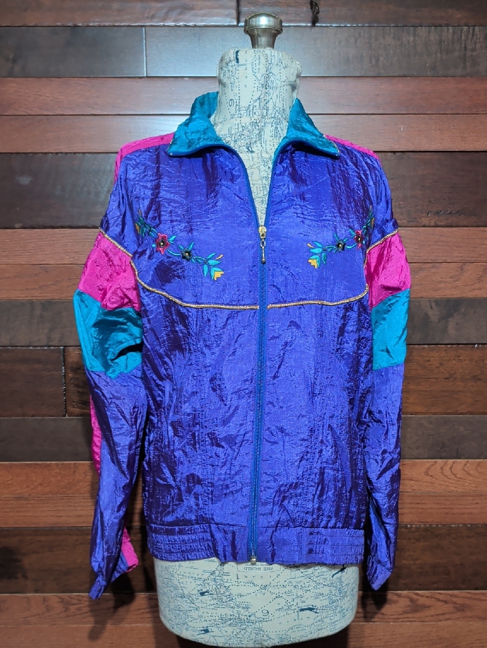 Vintage Two Twenty Purple, Teal & Pink Embroidered Bomber Windbreaker